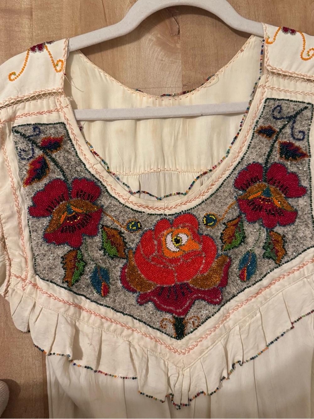 Vintage Beaded floral yoke Embellished Peasant Short Sleeve Top with embroidery